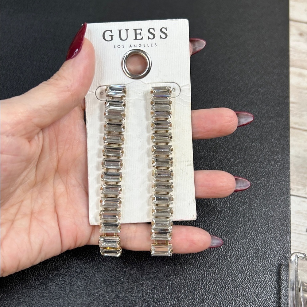 GUESS Gold and Clear Glass Baguette Earrings - Picture 2 of 4
